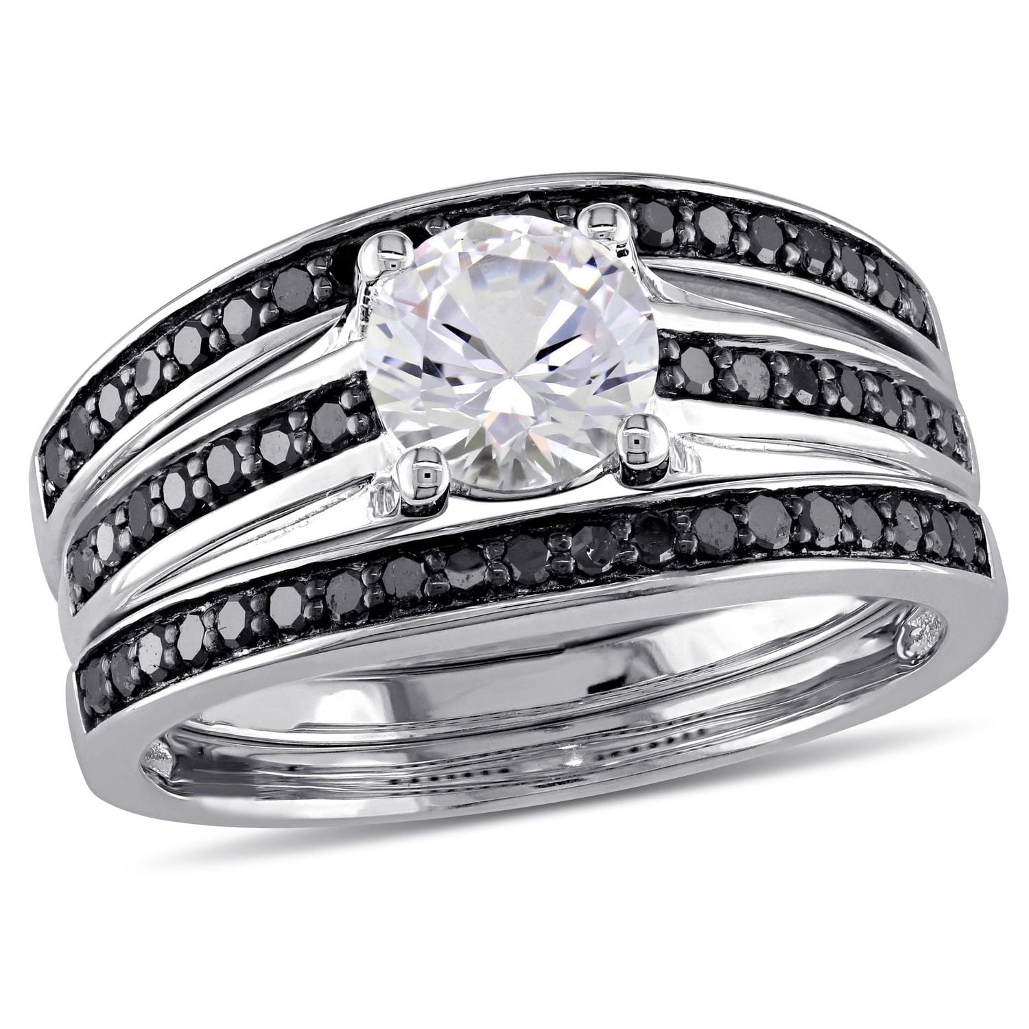 Ensemble nuptiale 3-bagues Miabella avec saphir blanc synthétique et diamant noir 1/2 CT poids total en argent sterling