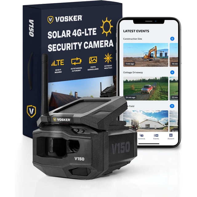 VOSKER V150 Solar-Powered LTE Cellular Security Camera with packaging and mobile app interface. The black weather-resistant camera includes a built-in solar panel, antenna, and motion-activated 1080p photo recording. The app displays updates from remote locations, ideal for smart home security and motion detection.