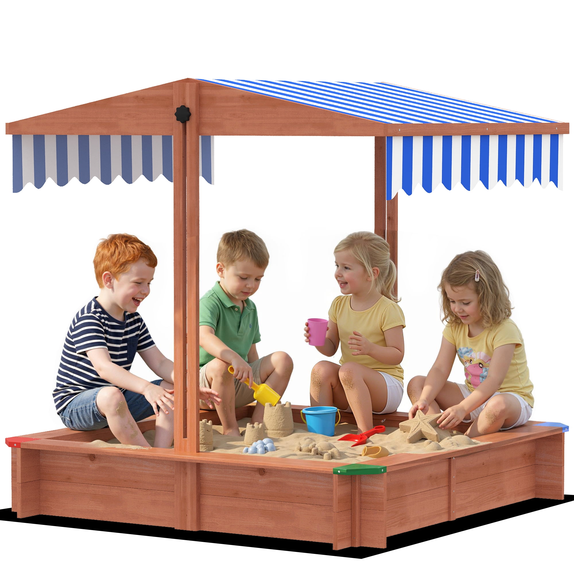 Outsunny Wooden Sandbox with Cover, Adjustable Canopy, Dark Brown