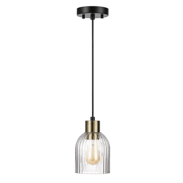 Globe Electric 1-Light Matte Black Pendant Light with Ribbed Glass Shade and Matte Brass Accent