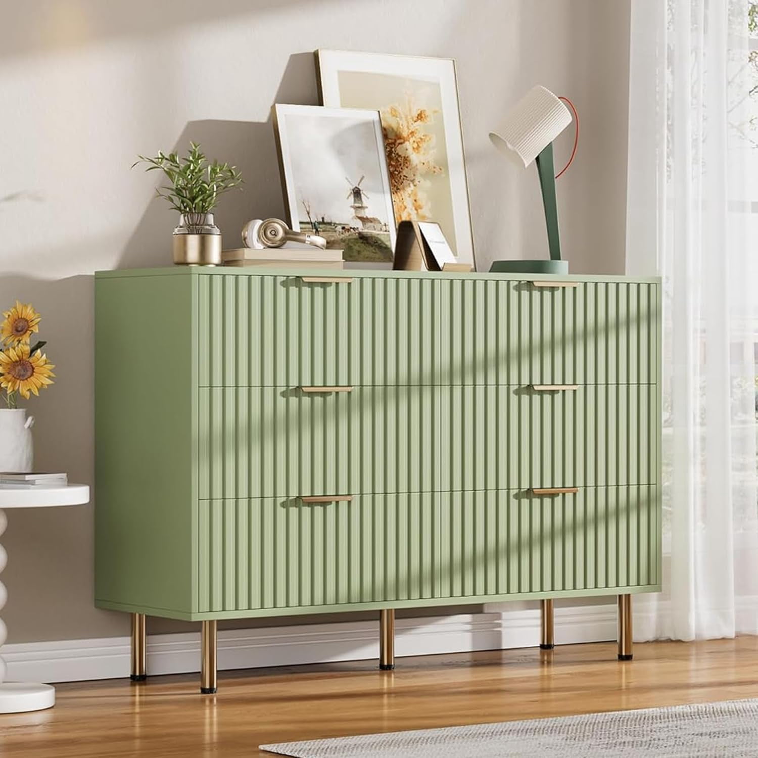 Green 6 Drawer Dresser for Bedroom, Fluted Dresser with Large Drawers and Sturdy Gold Legs Support, Dressers & Chests of Drawers for Bedroom, Living Room, Kids' Room
