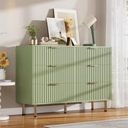 Green 6 Drawer Dresser for Bedroom, Fluted Dresser with Large Drawers and Sturdy Gold Legs Support, Dressers & Chests of Drawers for Bedroom, Living Room, Kids' Room