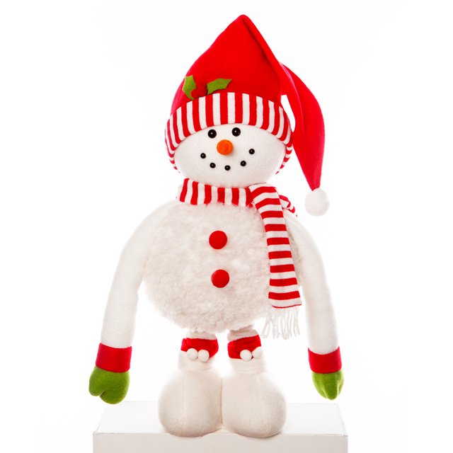 Christmas Snowman Figurine With Red Santa Hat Adorable Fabric Decoration For Holiday