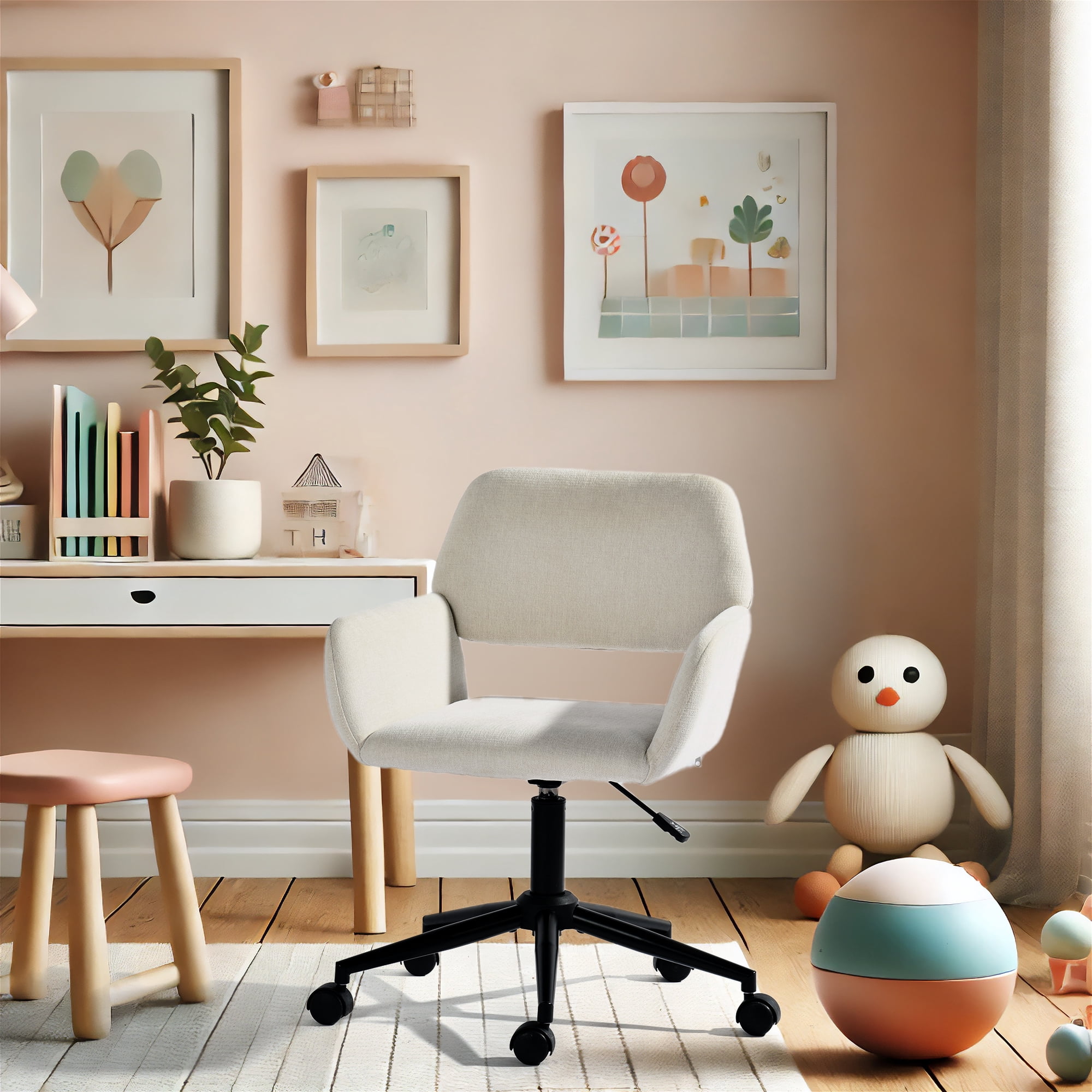 Chaise de bureau pivotante Homy Casa, chaise de bureau ergonomique réglable, tissu chenille beige