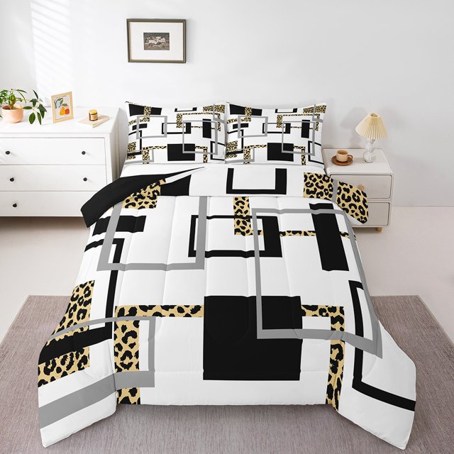 YST Ensemble de Douillette Pleine Style Mi-Siècle Moderne, Literie à Rayures Géométriques, Ensembles de Douillette Noir Blanc Brun, Couette Réversible à Motif Guépard Abstrait avec 2 Taies d'Oreiller