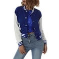 thumbnail image 2 of Women Varsity Baseball Jacket Casual Sweatshirt Long Sleeve Colorblock Button Down Cropped Bomber Coat, 2 of 9