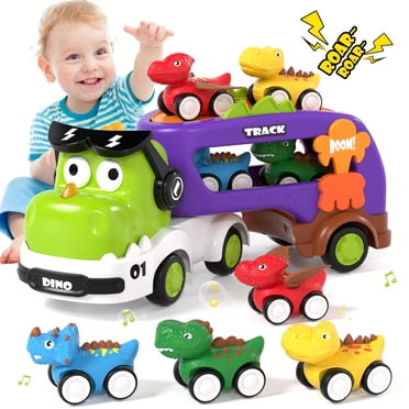 Toddler Toys for Boys 2 3 4 5+ Years Old, Dinosaur Toy Cars with Lights & Sounds, Toy Trucks Car for Boys, Pull Back Cars Baby Toys, 5 in 1 Car Carrier Truck Toy Sets, Best Birthday Christmas Gifts