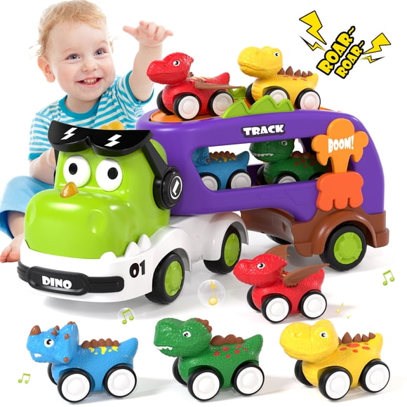 Toddler Toys for Boys 2 3 4 5+ Years Old, Dinosaur Toy Cars with Lights & Sounds, Toy Trucks Car for Boys, Pull Back Cars Baby Toys, 5 in 1 Car Carrier Truck Toy Sets, Best Birthday Christmas Gifts