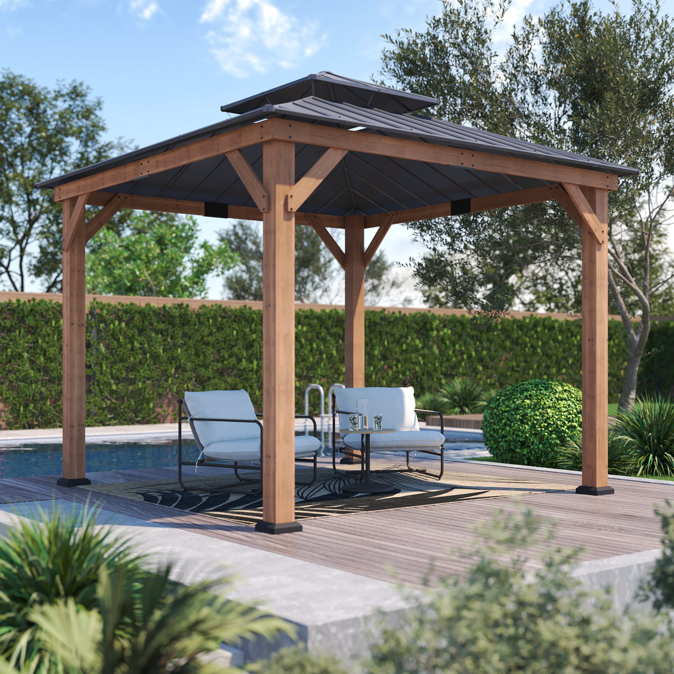 Abri de jardin carré en cèdre à toit rigide HOMETRENDS, 3,3 m x 3,3 m, noir