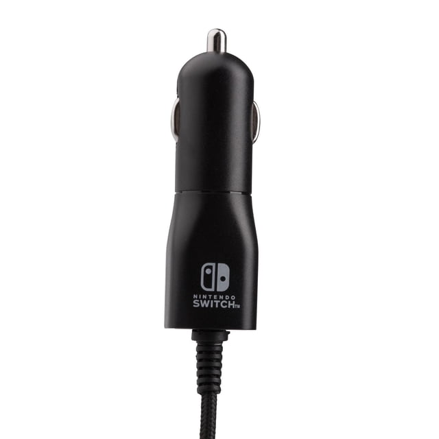 PowerA Car Charger for Nintendo Switch with a black matte car adapter and 6ft braided USB-C cable, featuring the Nintendo Switch logo, designed for 5V/3A high-speed charging in vehicles, suitable for charging on road trips.