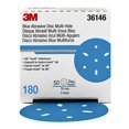 thumbnail image 2 of 3M Hookit Blue Abrasive Discs 36146, Multi-Hole, 3 in, 180+ Grade, Pack of 50, Virtually Dust-Free, for Auto Sanding, Body Repair, Featheredging, Primer Sanding, Paint Preparation, E-Coat Sanding, 2 of 5