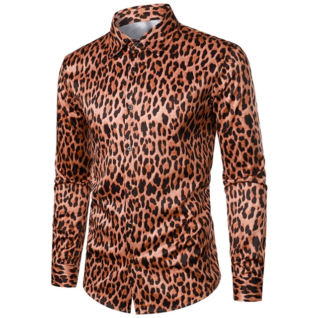 TIMIFIS Men's Dress Shirts Long Sleeve Leopard Button Up Shirts Party Prom Wedding Shirt-BrownFall