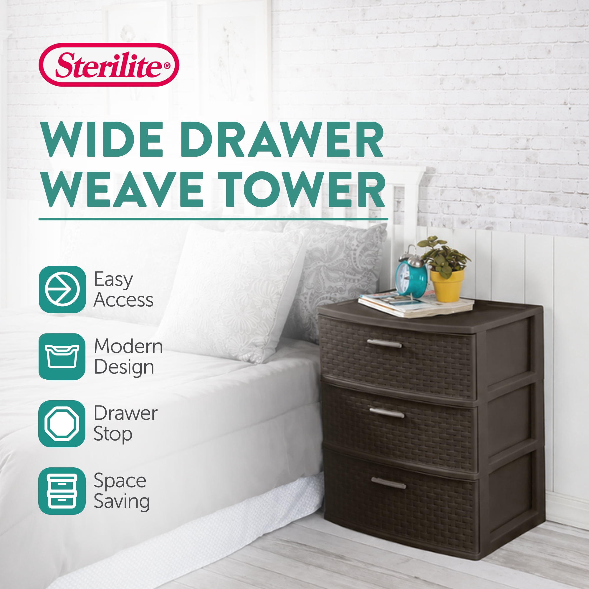 Sterilite 3 Drawer Wide Storage Tower, Plastic Weave Home Organizer, Espresso