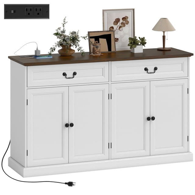 HOMCOM Buffet Cabinet with Charging Station, 55" Farmhouse Sideboard, White