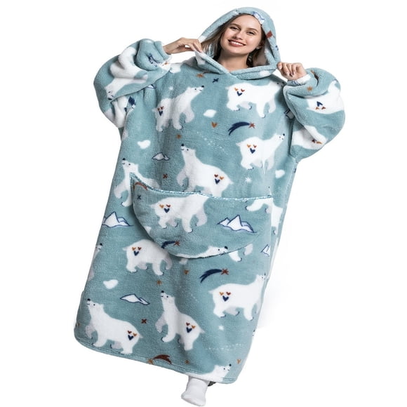 Couverture à Capuchon Surdimensionnée pour Femmes en Molleton Duveteux, Longues Robes, Couverture Imprimée de Dessins Animés avec Poche avant, Peignoirs de Pyjama d'Hiver, Vêtements de Nuit