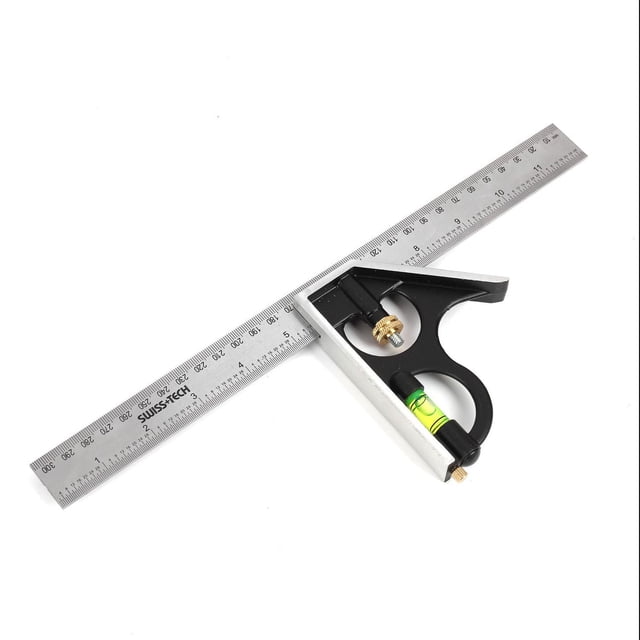 Swiss Tech 12" Combo Square with a heavy-duty machined square head, 12-inch etched stainless steel blade featuring metric and imperial graduations, full view acrylic vial, self-aligning draw bolt, and hardened scriber, suitable for precise measuring and marking in woodworking and layout tasks.