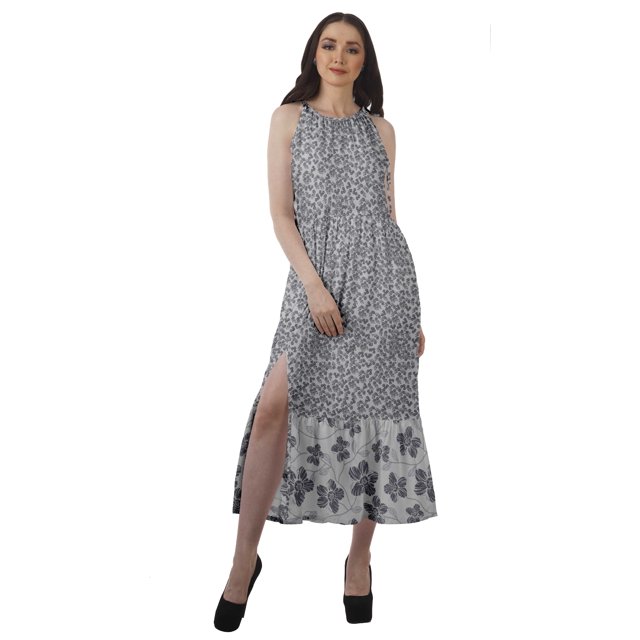 Moomaya Robe Maxi Sans Manches à Col Licou Imprimée avec Fente avant Robe d'Été pour Femme