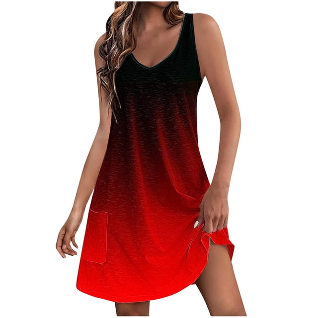 Penkiiy Robes d'Été pour Femmes Évasées Boho à Imprimé Floral Robes de Plage Sans Manches Robe de Plage avec Poches 2TG Rouge