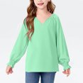 thumbnail image 2 of MeetoTime Girls Solid Color Loose Puff Sleeve Long Sleeve V-neck Top Spring Fall Kids Shirt 6-16 Years, 2 of 7