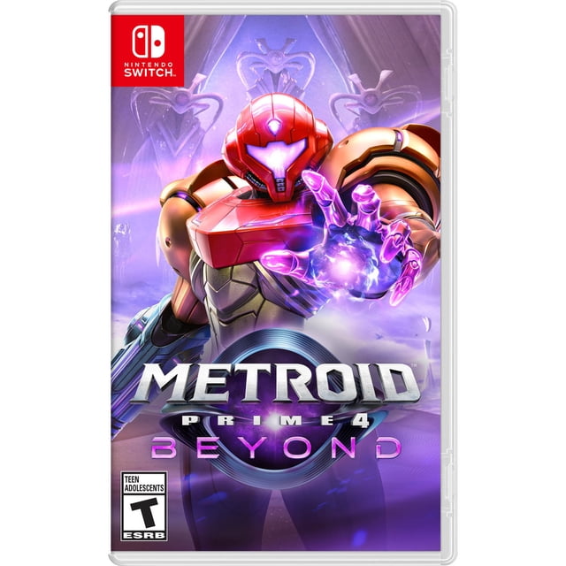 Metroid Prime™ 4: Beyond Nintendo Switch game cover featuring Samus Aran in red and gold power armor with a glowing purple energy orb in her outstretched hand, set against a purple background with ancient alien symbols.
