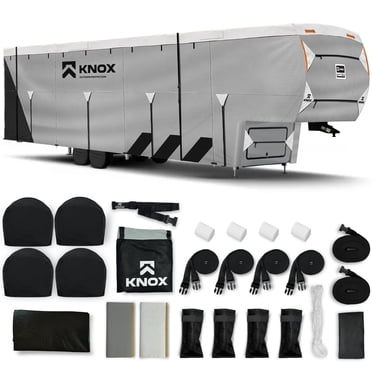 KNOX Housse de Cinquième Roue de 2e Gén., Tissu APEX Anti-Déchirure, Convient aux Roulottes, aux VR Ou aux Autocaravanes - la Housse pour Caravane Comprend des Housses de Roues, une Housse d'Échelle et des Housses de Gouttières - Taille 26-29 Pi