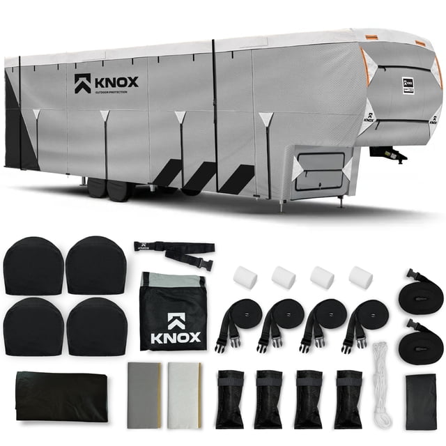 KNOX 2nd Gen Fifth Wheel RV Cover in gray, featuring anti-tear 7-layer APEX fabric for all-weather protection. Fits travel trailers, RVs, or motorhomes sized 26-29 ft. Includes wheel covers, ladder cover, gutter covers, heavy-duty straps, rope, storage bag, repair patch kit, and instruction manual. Designed for multi-year use with rollable zippered panel doors for easy access and raised side tension straps to reduce tears. Ideal for RV winter cover and travel trailer protection.