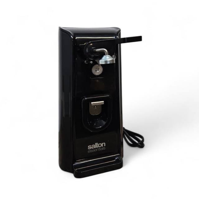 Salton Essentials Ouvre-Boîte Électrique 3 en 1 Noir, gadget de Cuisine Électrique Polyvalent avec Lame en Acier Inoxydable, Aimant Porte-Couvercle, Ouvre-Bouteille Intégré, Aiguiseur de Couteaux Intégré et Rangement du Cordon. design Compact avec 80 watts d'Alimentation pour des Tâches de Cuisine Efficaces.