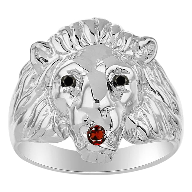 RYLOS Rings Sterling Silver Lion Head Ring Black Diamonds Eyes & Gemstone Mouth Fun Designer Rings Garnet Jewelry Size 11