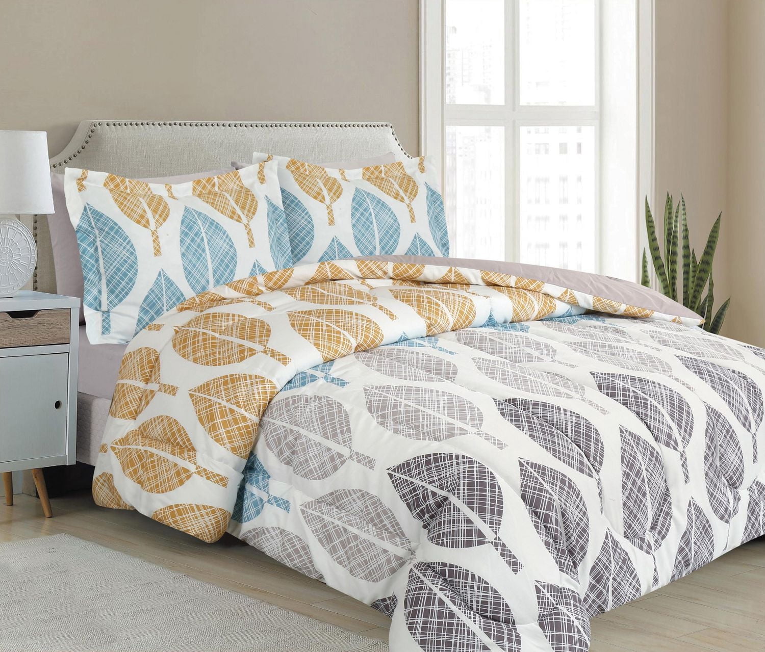 Literie Marina Décoration ultra douce et luxueuse en duvet d'oie, alternative au duvet d'oie, richement imprimée, avec draps et motif de feuilles colorées modernes