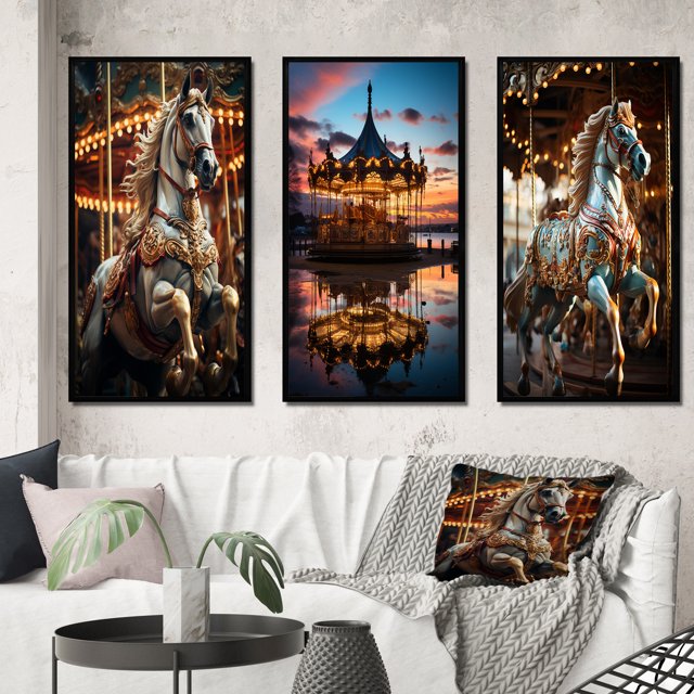 Designart "A Celebration of Carousel s Timeless Charm" Cityscapes Framed Wall Art Set Of 3 - Multi-Color Carousel Frame Canvas Set For Living Room Decor