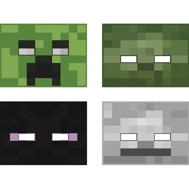 Minecraft Masques, 8 Ct Montrant Quatre Visages de Personnages Minecraft Pixélisés en Vert, Vert Foncé, Noir et Gris, Conçus comme des Masques de Fête avec des Yeux et des Bouche Bloquantes, Affichés dans une Grille 2x2 sur un Fond Blanc, Convenant aux Accessoires de costume d'Halloween.