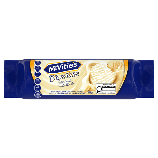 McVities Digestifs à la Vanille Blanche 232 g Emballage Montrant des biscuits de Blé Doré Garnis d'Un Enrobage Doux à la Vanille Blanche, Sans Additifs Ni Arômes Artificiels, avec 8 g de Sucre et 160 calories par Portion, Convient à la Santé digestive et aux Régimes Végétariens au Canada.