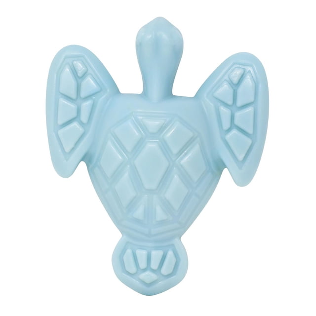 Clean Earth Plush Turtle Dog Toy - 100% Sustainable light blue turtle-shaped dog toy with textured shell and flippers, made entirely from recycled PET plastic bottles removed from oceans and landfills, features a built-in squeaker and floats, part of Spunky Pup's eco-friendly Clean Earth Collection, also suitable as a floating fetch toy for dogs.