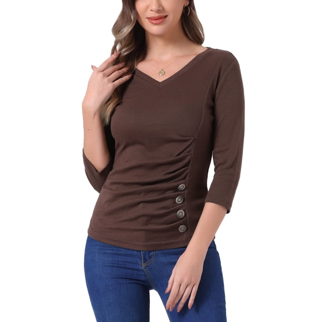 INSPIRE CHIC Women's Ruched Blouse Button Decor V Neck 3/4 Sleeve Solid Knit Top Coffee Brown M