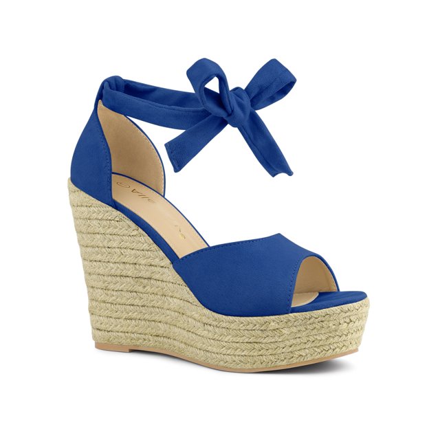 BLISSFUL STEP Chaussures pour Femmes Espadrilles à Talon Compensé à Lacets Sandales à Bride à la Cheville Bleu Foncé 10