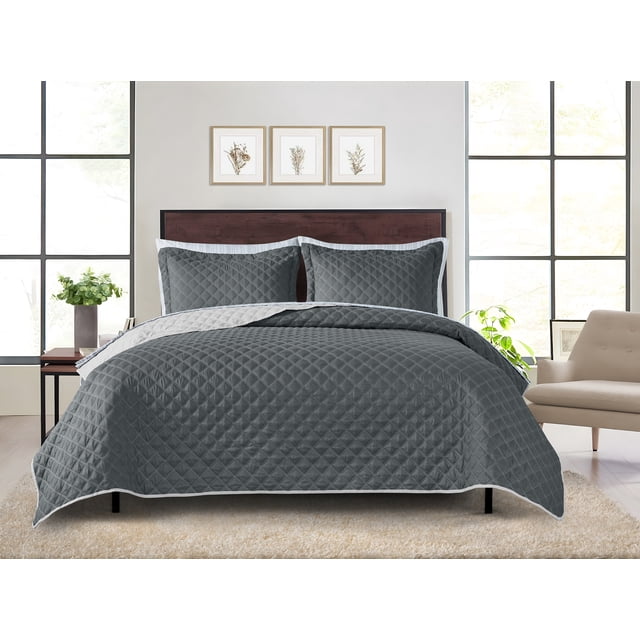 Mainstays Ensemble courtepointe et drap-housse légers tout-en-un - 7pièces, Grand Lit, Gris