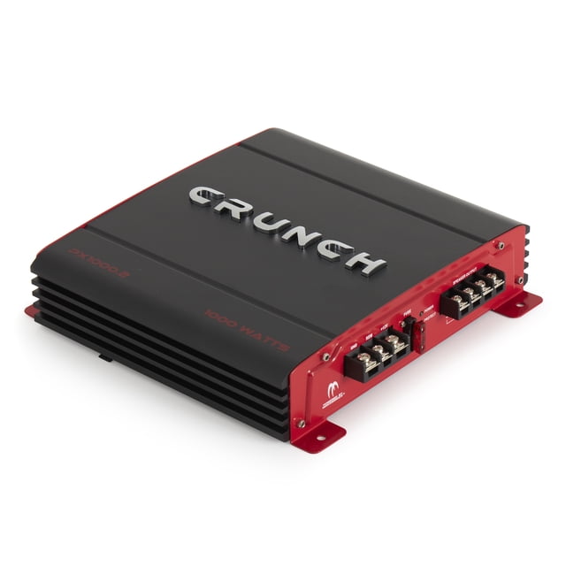 Crunch PX-1000.2 2 Ch 1000W Class A/B Car Audio Amplifier, Bridgeable Stereo Amp. A compact black and red amplifier with a sleek design, featuring the Crunch logo on the top. The amplifier includes visible connection terminals on the side for flexible speaker or subwoofer configurations. Designed for car audio systems, it delivers 1000 watts of peak power with Class A/B circuitry for low distortion and dynamic sound. Includes Quick Thermal Dispersion Technology for efficient cooling and variable filters for sound customization.
