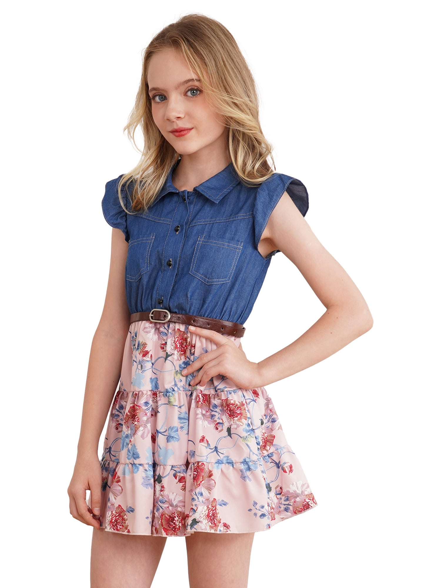 inlzdz Robe d'Été pour Filles Sans Manches Haut en Denim Imprimé Floral Tutu Princesse Robe Soleil Tenue Décontractée Rose 12