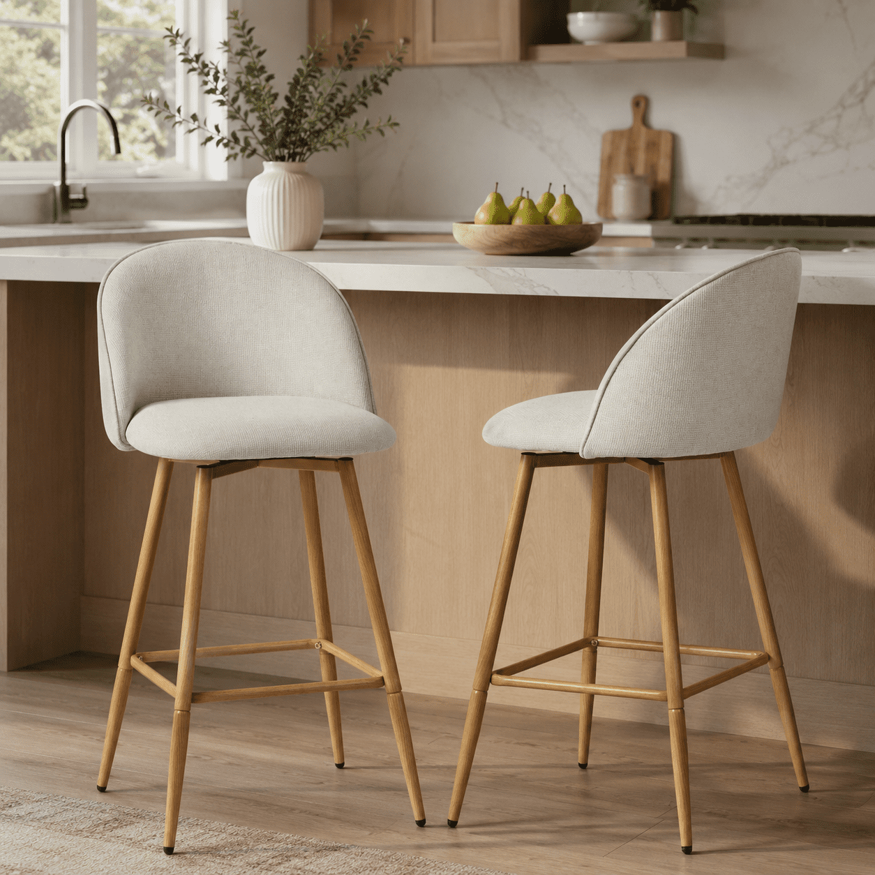 Homy Casa Ensemble de 2 Tabourets de Comptoir Pivotants, Chaises Baril Rembourrées avec Tissu Imperméable, Pieds Métal Aspect Bois