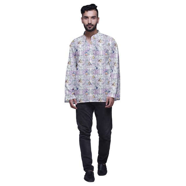Atasi Kurta Traditionnel en Coton Imprimé à Col Mandarin pour Hommes Chemise Décontractée