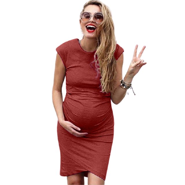 CAROOTU Robe de Grossesse Sans Manches Couleur Unie Col Rond Respirante Mi-Longue Été