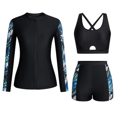 Lcziwo 3 Piece Swimsuit for Women Long Sleeve Sun Protection Rash Guard Zip Up Built in Bra Swim Shirts with Boyshort Black,XXL