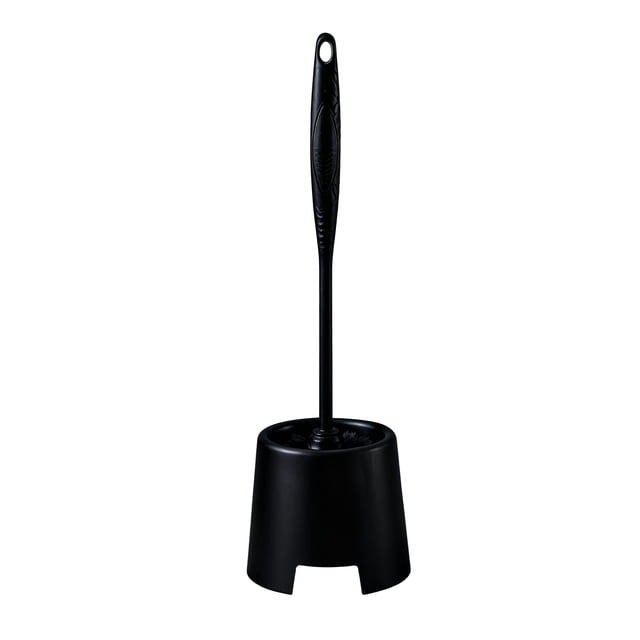 Grey label Toliet Brush Black with a compact black caddy, featuring a long textured handle and round brush head, designed for bathroom cleaning tools and hygienic toilet brush storage.