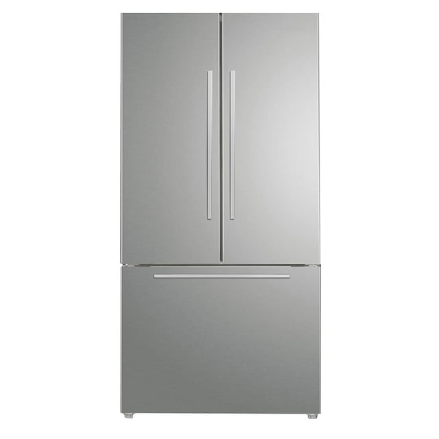 Marathon 20.8 cu.ft. stainless steel French door refrigerator with bottom pull-out freezer drawer, two vertical handles on upper doors, EnergyStar certified inverter compressor, multi-air-flow frost-free cooling, and stainless steel trim on shelves and bins, suitable for efficient kitchen storage.