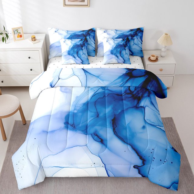YST Ensemble de Douillette 7 Pcs en Marbre Bleu Marine, Abstrait Moderne, Polyester, Type Douillette et Housse de Couette, Format Double (7 Unités)