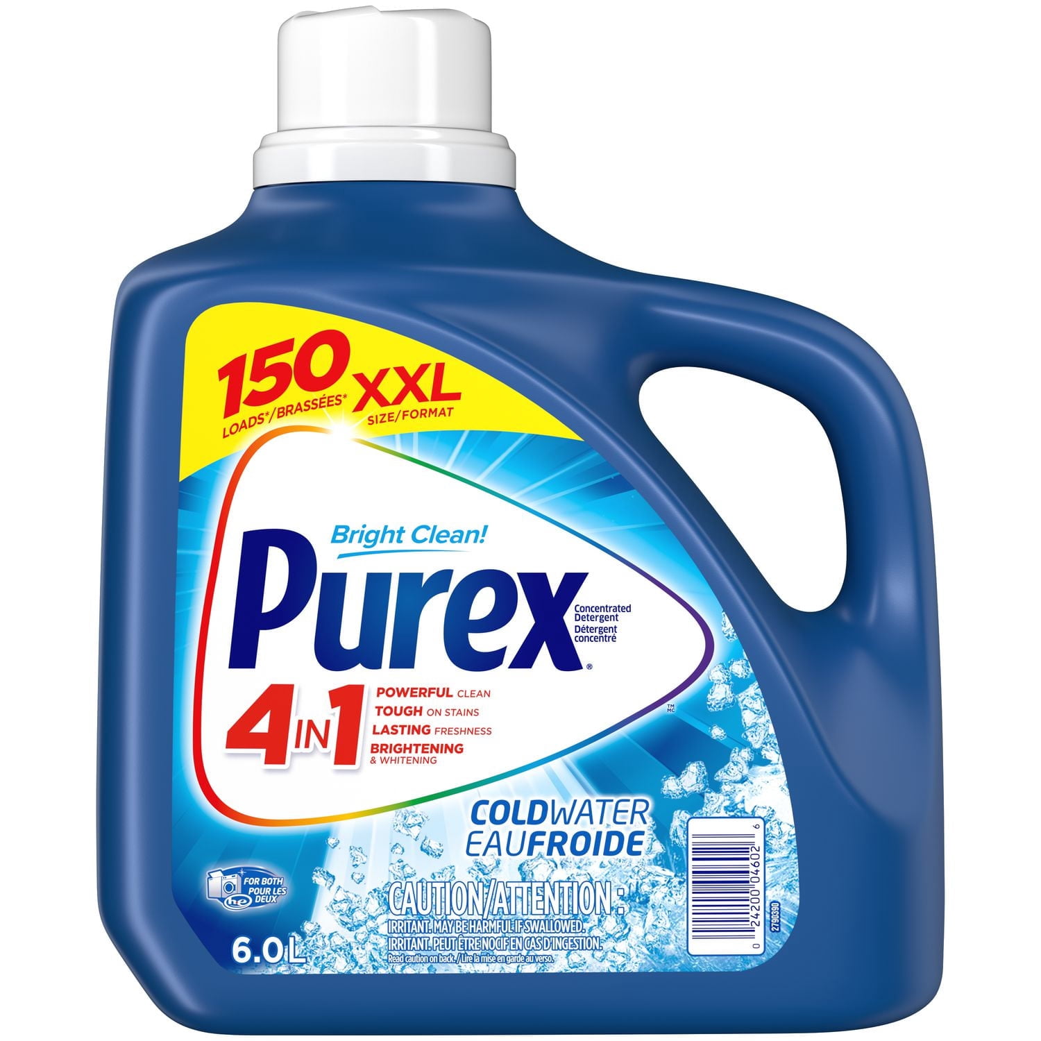 Purex Détergent à Lessive Liquide Concentré 4 en 1, Eau Froide, 6.0 Litres, 150 Brassées