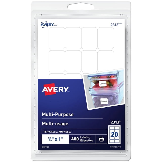 Avery Multi-Purpose Removable Labels for Laser and Inkjet Printers, ¾" x 1" - 2313, showing a clear plastic sheet with 20 white rectangular removable labels in a plastic case. The packaging highlights 400 labels that stick securely and remove cleanly from smooth surfaces like paper, plastic, glass, and metal, ideal for organizing boxes and containers. An inset image shows labels applied to clear food storage containers for easy identification.