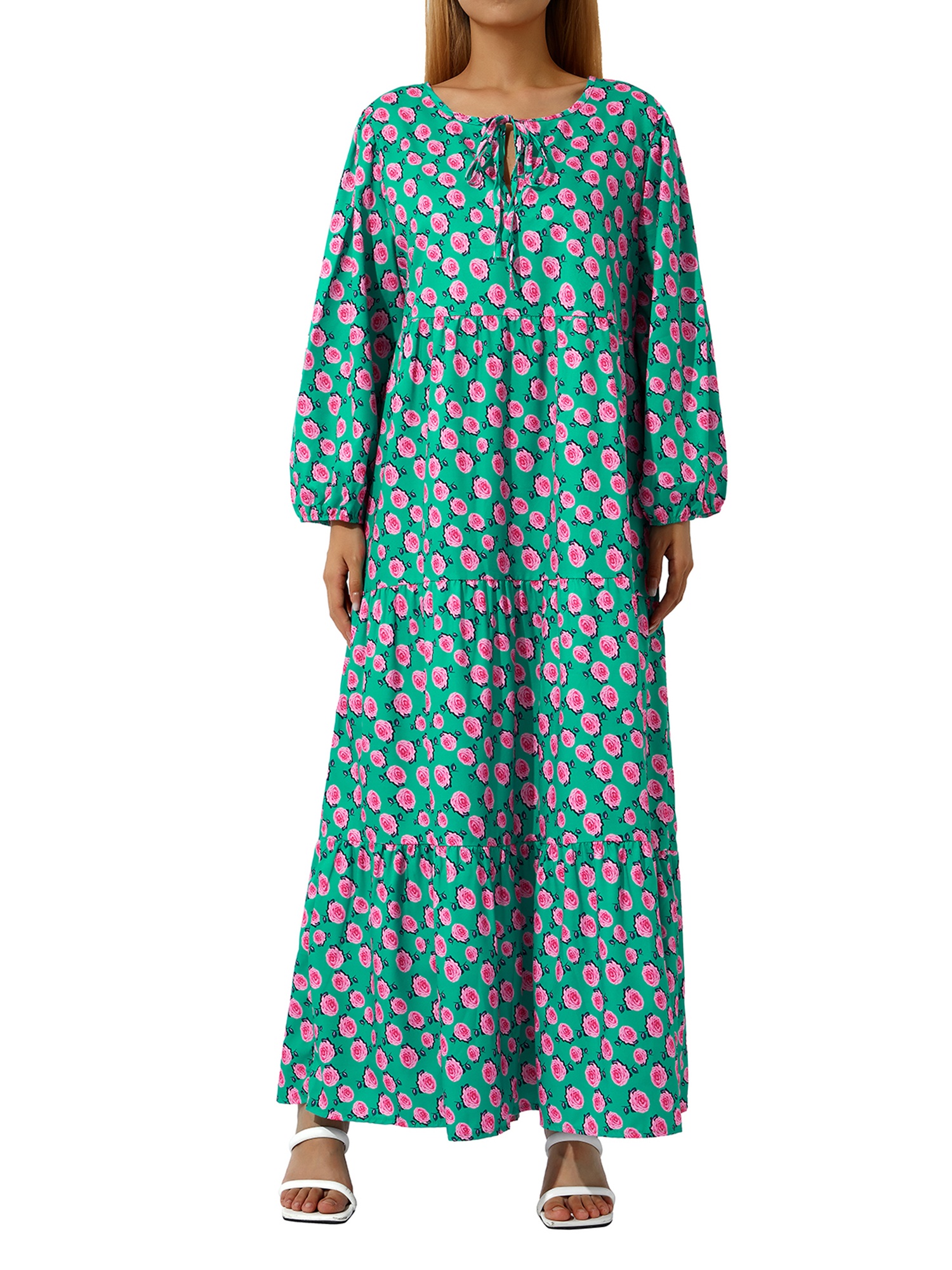 Kmbangi Robe Longue pour Femmes à Imprimé Géométrique, Col en V, Manches Longues Bouffantes, Coupe Ample, Robe Mode pour le Printemps et l'Été