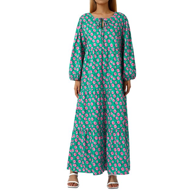 Kmbangi Robe Longue pour Femmes à Imprimé Géométrique, Col en V, Manches Longues Bouffantes, Coupe Ample, Robe Mode pour le Printemps et l'Été