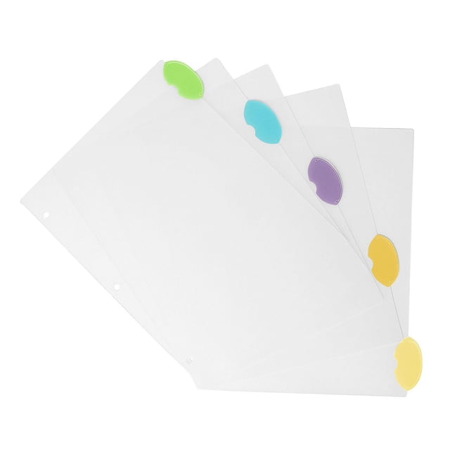 Pen+Gear Stylish Index Dividers with five translucent plastic dividers featuring durable, transparent, reusable tabs in green, blue, purple, and yellow, three-hole punched to fit standard 3-ring binders for efficient document organization.